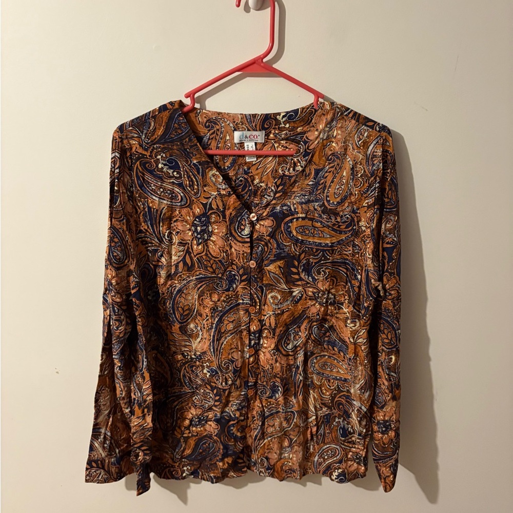 Elegant Paisley Women's Blouse in Brown and Blue